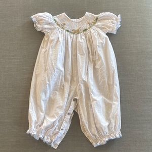 Girls Shrimp & Grits Smocked Blue Puppy Pants Romper